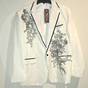 Elegant White and Silver Blazer with Floral Accents